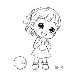 A delightful coloring page designed for toddlers featuring a very happy little girl playing with a toy