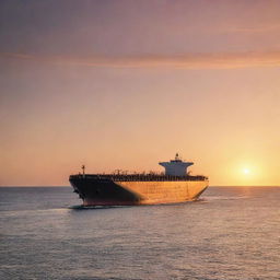 A massive bulk carrier ship gliding smoothly through calm ocean waters under a stunning sunset. Its gigantic hull is filled to the brim with cargo, emphasizing the enormity of its size and function.