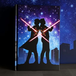 An enthralling book cover showcasing two adult male silhouettes representing a romantic gay theme, positioned with their twin swords crossed in a powerful pose