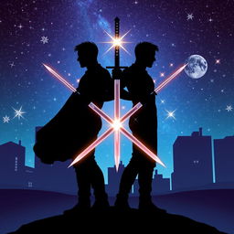 An enthralling book cover showcasing two adult male silhouettes representing a romantic gay theme, positioned with their twin swords crossed in a powerful pose