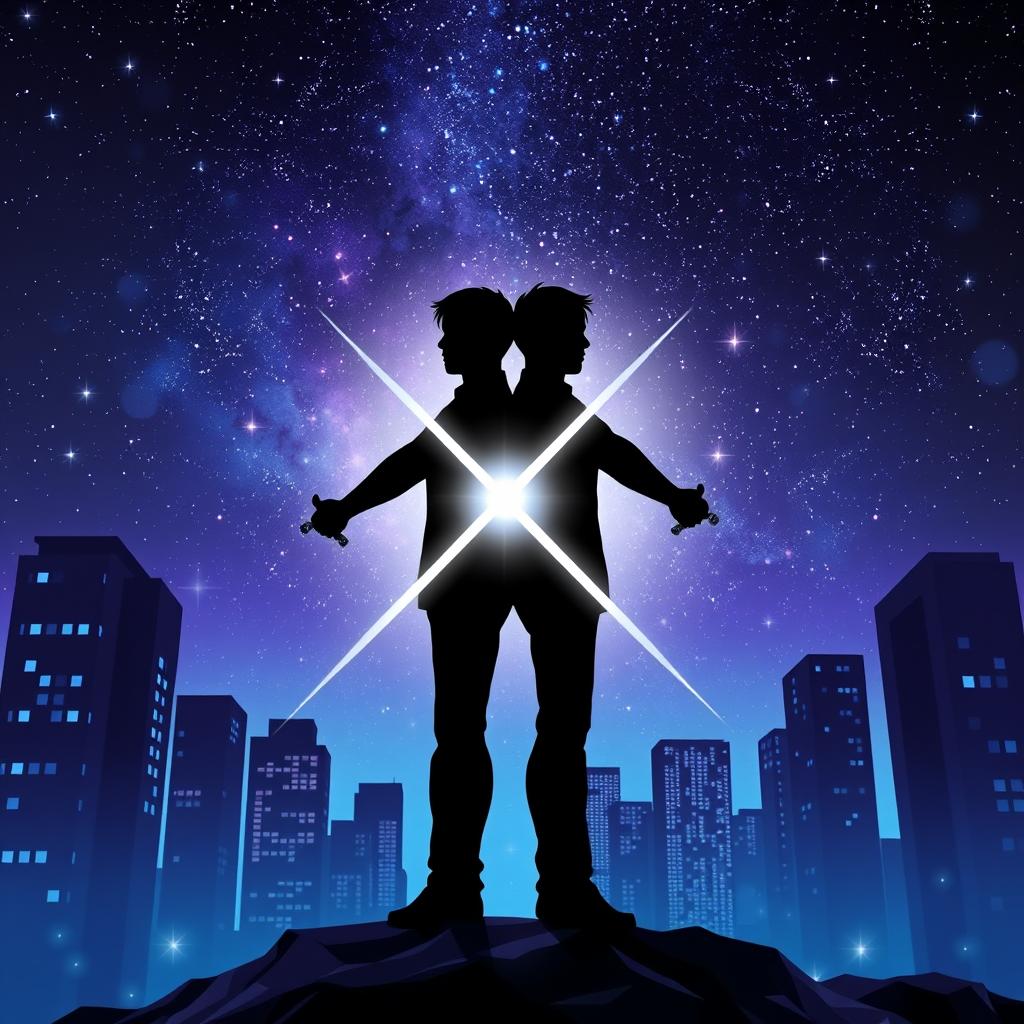 An enthralling book cover showcasing two adult male silhouettes representing a romantic gay theme, positioned with their twin swords crossed in a powerful pose