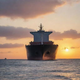 A massive bulk carrier ship gliding smoothly through calm ocean waters under a stunning sunset. Its gigantic hull is filled to the brim with cargo, emphasizing the enormity of its size and function.