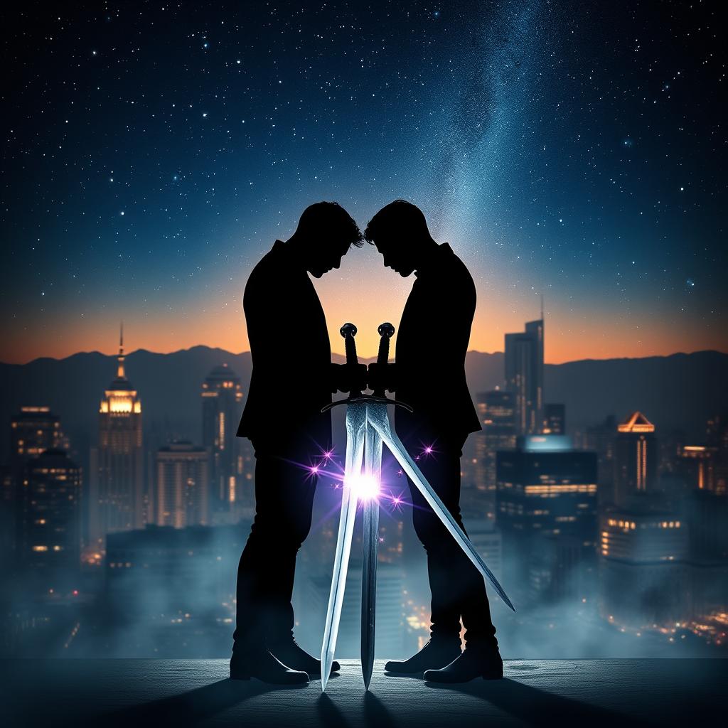 Book cover featuring two adult male shadows symbolizing a gay romance, positioned elegantly with twin swords crossed in front of them, surrounded by a mystical aura of magic in the air