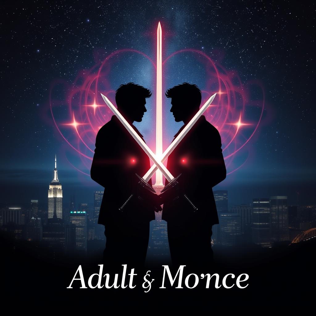 Book cover featuring two adult male shadows symbolizing a gay romance, positioned elegantly with twin swords crossed in front of them, surrounded by a mystical aura of magic in the air