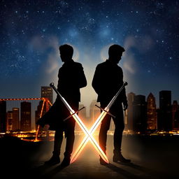 Book cover featuring two adult male shadows symbolizing a gay romance, positioned elegantly with twin swords crossed in front of them, surrounded by a mystical aura of magic in the air