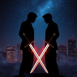 Book cover featuring two adult male shadows symbolizing a gay romance, positioned elegantly with twin swords crossed in front of them, surrounded by a mystical aura of magic in the air