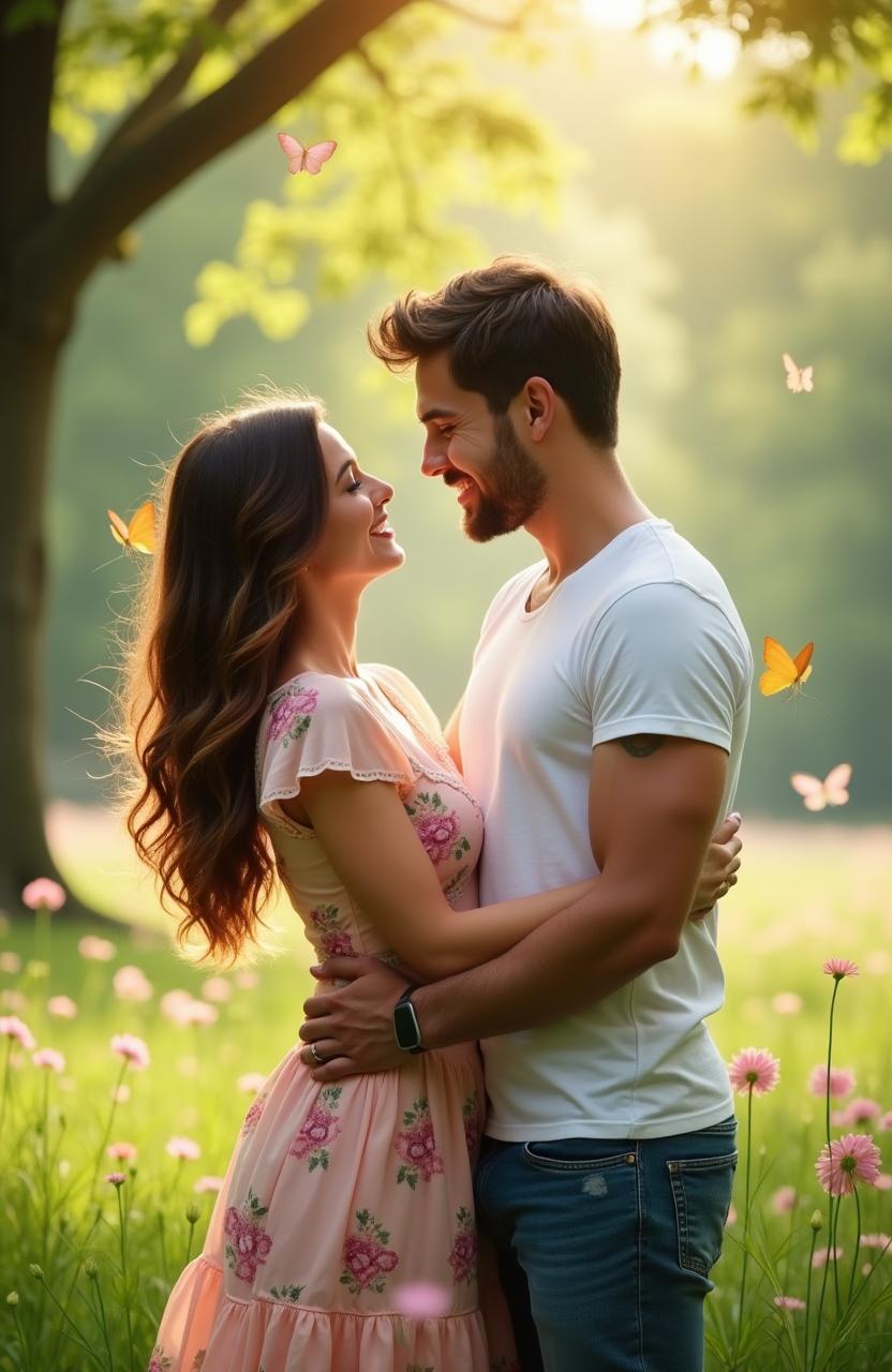 A romantic couple embracing each other in a lush green park, surrounded by blooming flowers and tall trees