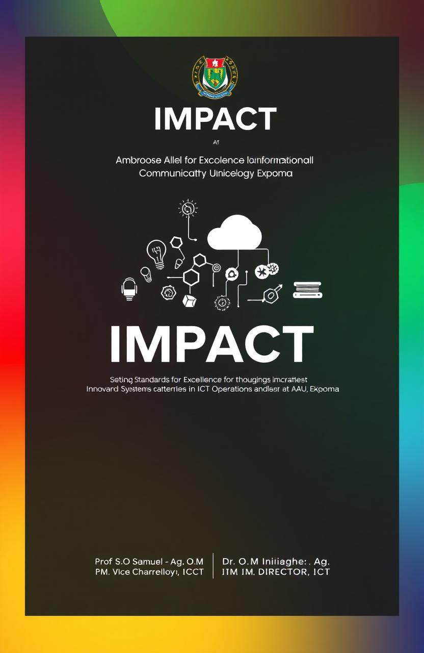 A striking and professional cover page design that visually represents the concept of 'IMPACT' in the context of the Directorate of Information and Communication Technology at Ambrose Alli University, Ekpoma