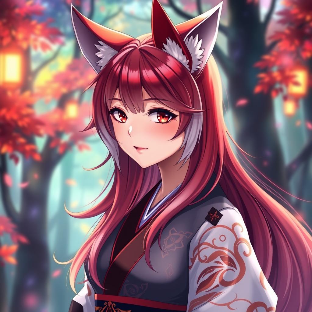 A beautiful anime fox woman with striking red and white hair, her fox ears perked up, and a mischievous yet alluring expression on her face