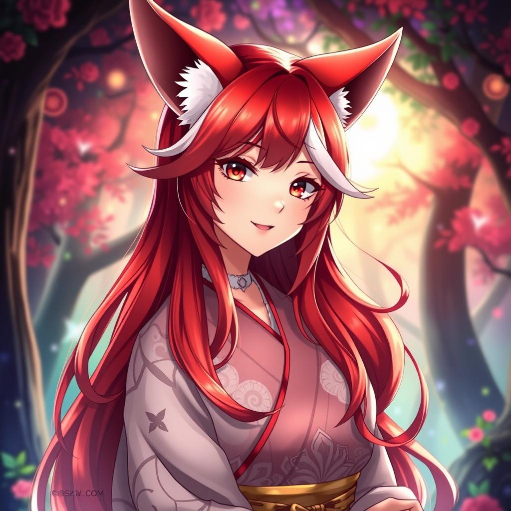 A beautiful anime fox woman with striking red and white hair, her fox ears perked up, and a mischievous yet alluring expression on her face