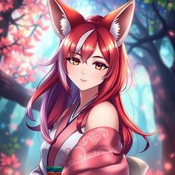 A beautiful anime fox woman with striking red and white hair, her fox ears perked up, and a mischievous yet alluring expression on her face