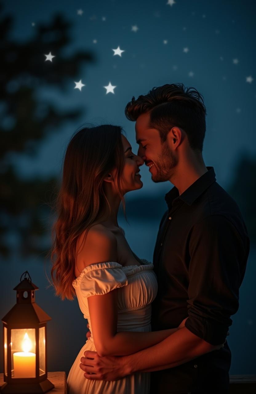 A romantic couple captured up close under a starlit sky at night, their faces illuminated by the soft glow of a lantern nearby