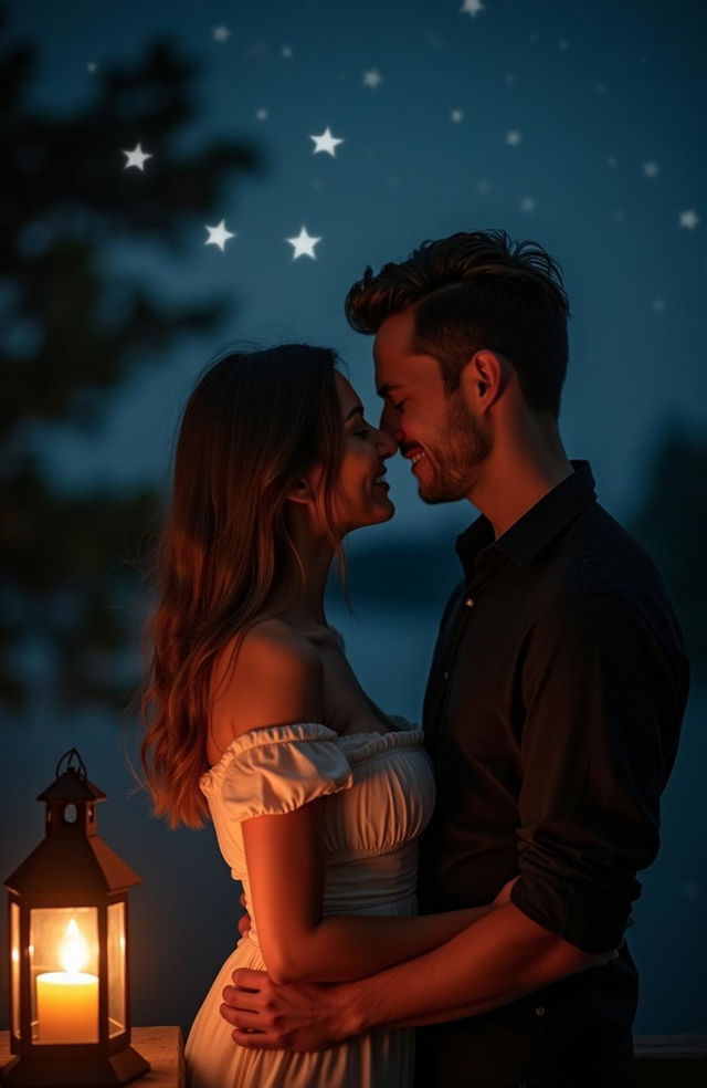 A romantic couple captured up close under a starlit sky at night, their faces illuminated by the soft glow of a lantern nearby