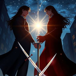 Book cover featuring two adult male figures casting long shadows, one with long flowing hair