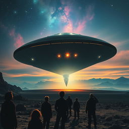 A stunning movie poster depicting a large, imposing alien spaceship landing on a barren alien landscape