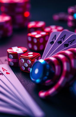 A highly detailed, exquisite macro photography closeup of a futuristic casino, featuring a mesmerizing arrangement of betting chips, dice, and poker cards in shades of crimson red, electric blue, and rich purple