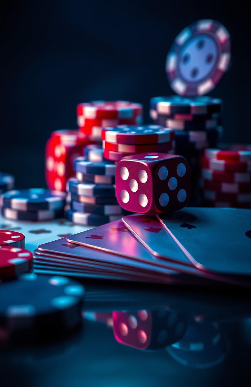 A highly detailed, exquisite macro photography closeup of a futuristic casino, featuring a mesmerizing arrangement of betting chips, dice, and poker cards in shades of crimson red, electric blue, and rich purple