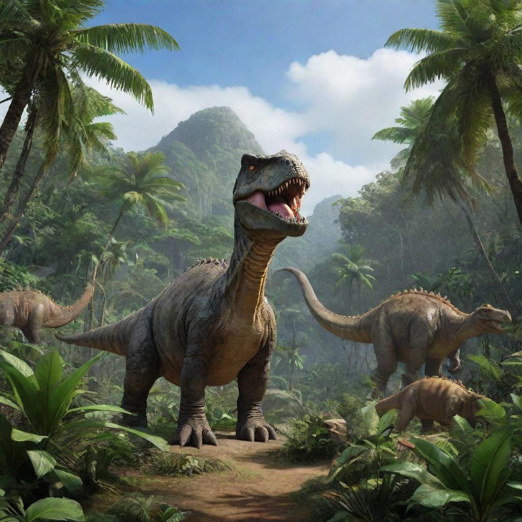 The same lush tropical island, now inhabited by magnificent and fearsome dinosaurs, roving amidst the dense jungle under the bright sky.