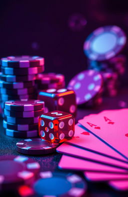 A highly detailed, exquisite macro photography closeup of a futuristic casino, featuring a mesmerizing arrangement of betting chips, dice, and poker cards in shades of crimson red, electric blue, and rich purple