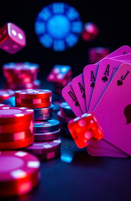 A highly detailed, exquisite macro photography closeup of a futuristic casino, featuring a mesmerizing arrangement of betting chips, dice, and poker cards in shades of crimson red, electric blue, and rich purple