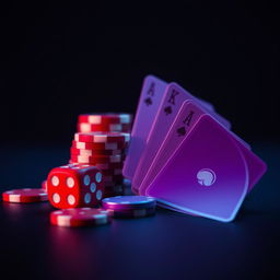 A minimalist, flat colored closeup of a futuristic casino, featuring a high-contrast arrangement of betting chips, dice, and poker cards in shades of crimson red, electric blue, and rich purple