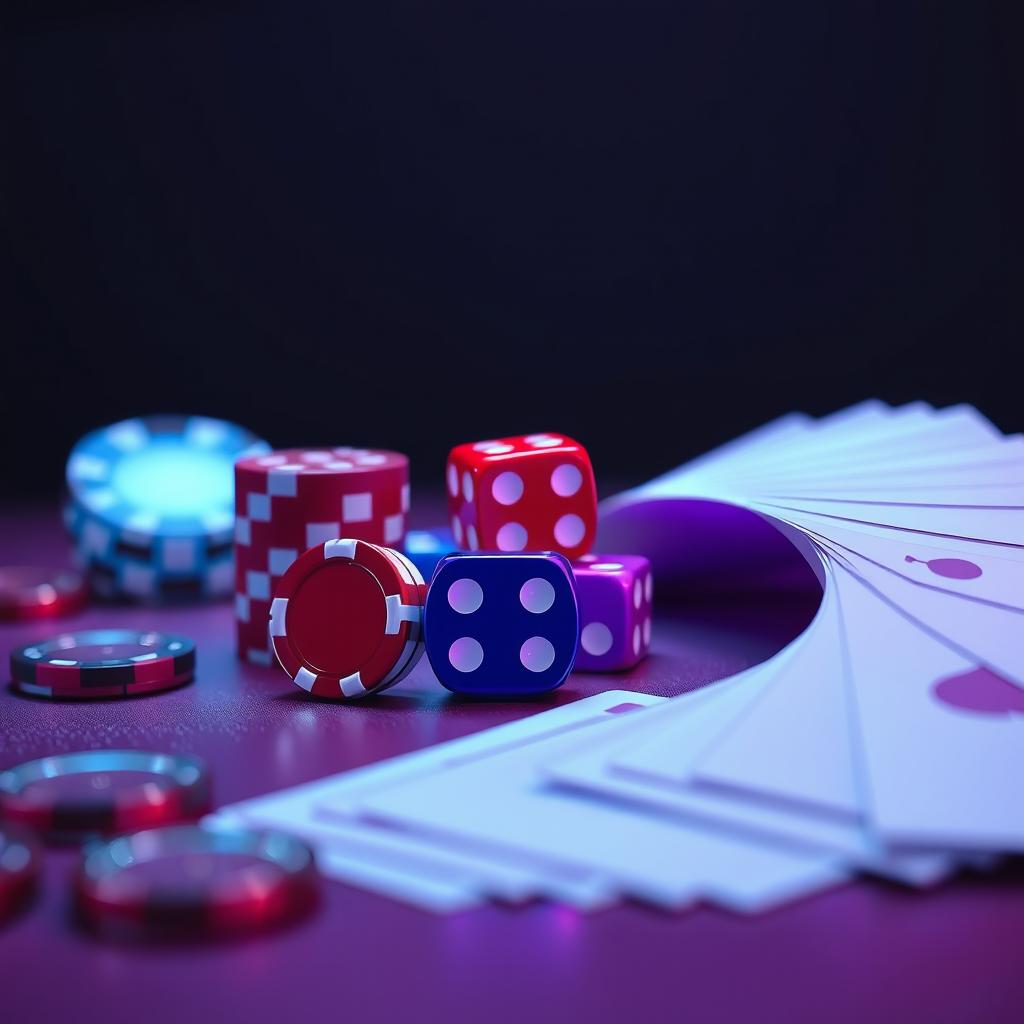 A minimalist, flat colored closeup of a futuristic casino, featuring a high-contrast arrangement of betting chips, dice, and poker cards in shades of crimson red, electric blue, and rich purple