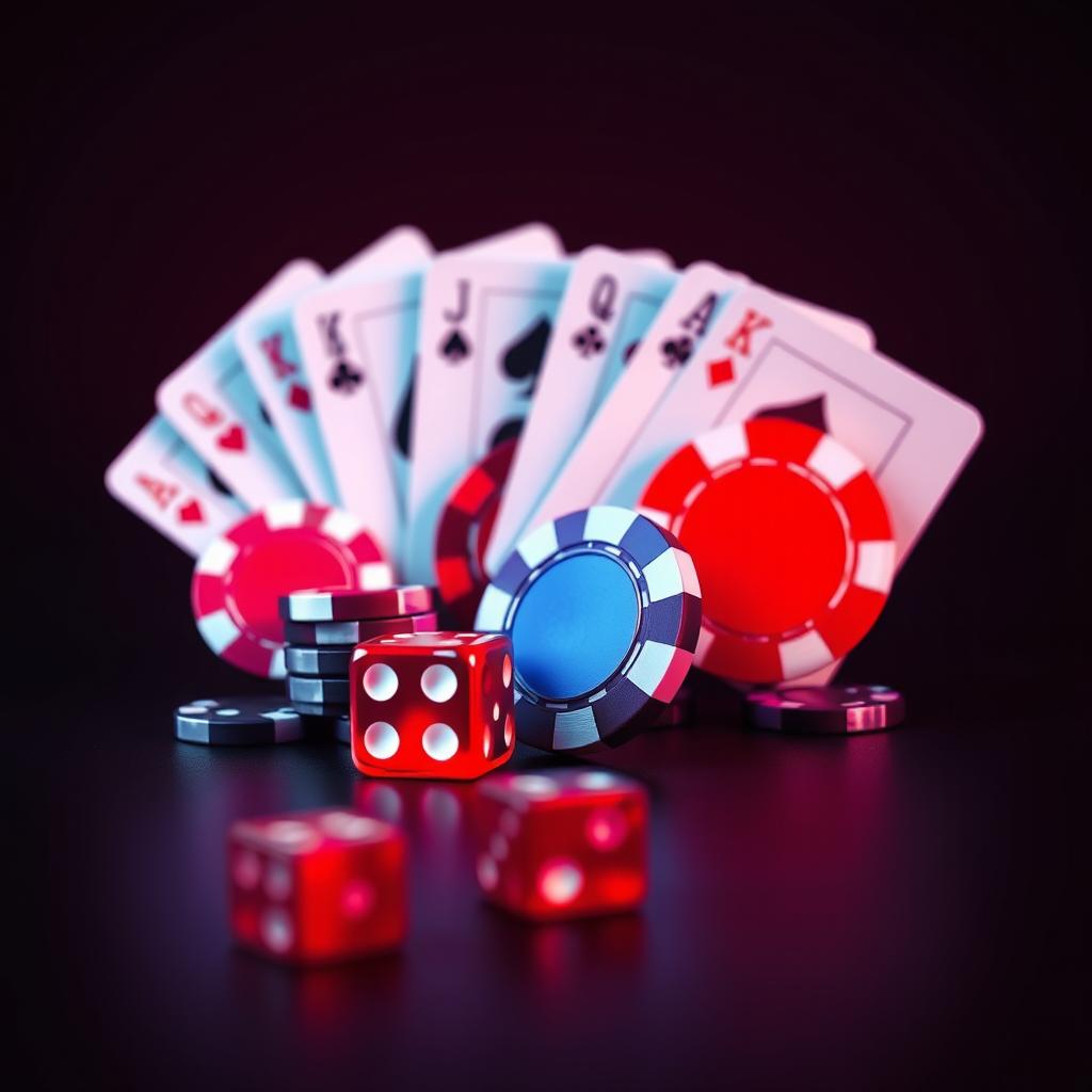 A minimalist, flat colored closeup of a futuristic casino, featuring a high-contrast arrangement of betting chips, dice, and poker cards in shades of crimson red, electric blue, and rich purple