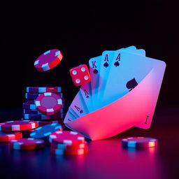 A minimalist, flat colored closeup of a futuristic casino, featuring a high-contrast arrangement of betting chips, dice, and poker cards in shades of crimson red, electric blue, and rich purple