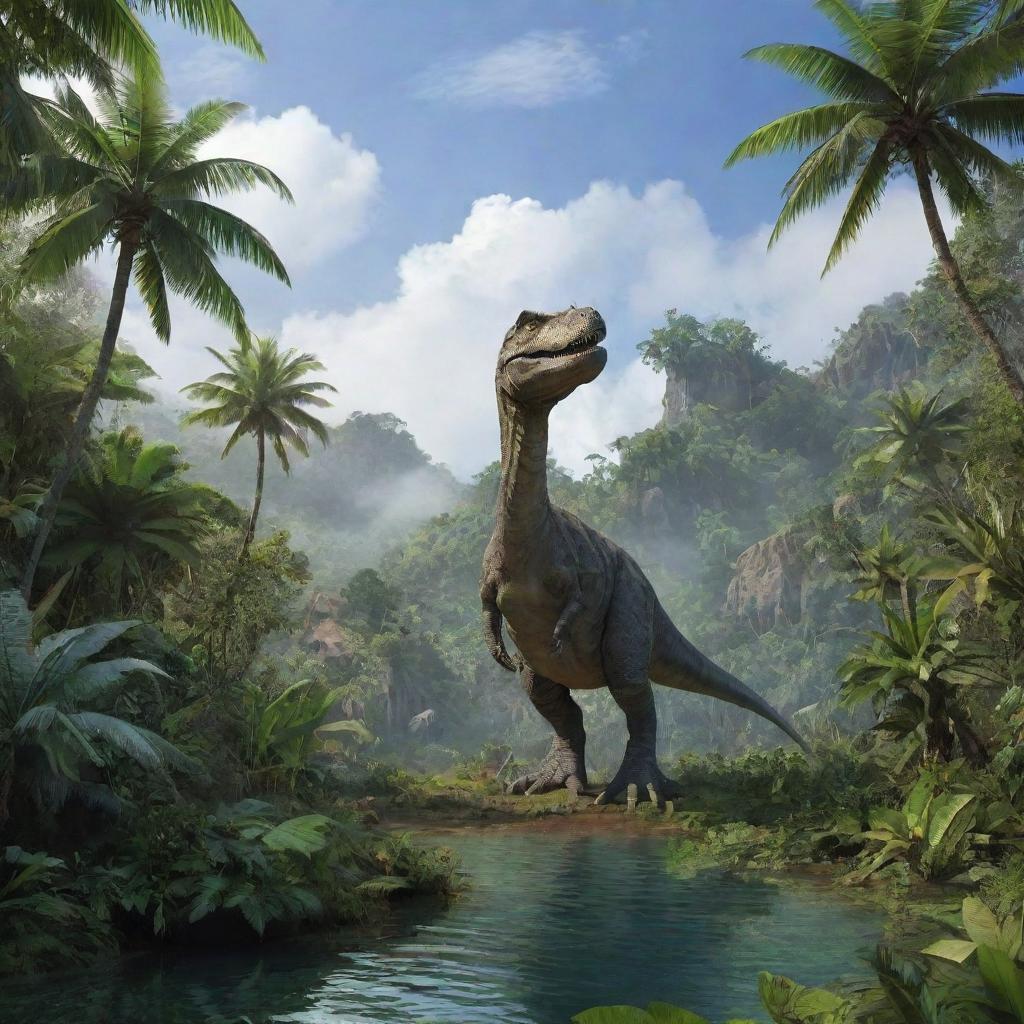 The same lush tropical island, now inhabited by magnificent and fearsome dinosaurs, roving amidst the dense jungle under the bright sky.