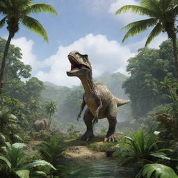 The same lush tropical island, now inhabited by magnificent and fearsome dinosaurs, roving amidst the dense jungle under the bright sky.