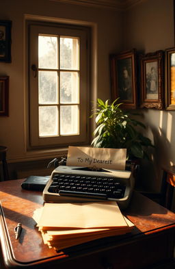 A beautifully composed scene of an old-fashioned desk with a vintage typewriter, a stack of yellowed papers, and a neatly folded letter labeled "To My Dearest" on top