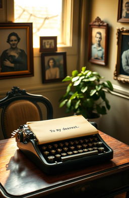 A beautifully composed scene of an old-fashioned desk with a vintage typewriter, a stack of yellowed papers, and a neatly folded letter labeled "To My Dearest" on top