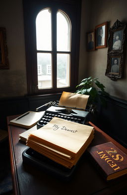 A beautifully composed scene of an old-fashioned desk with a vintage typewriter, a stack of yellowed papers, and a neatly folded letter labeled "To My Dearest" on top