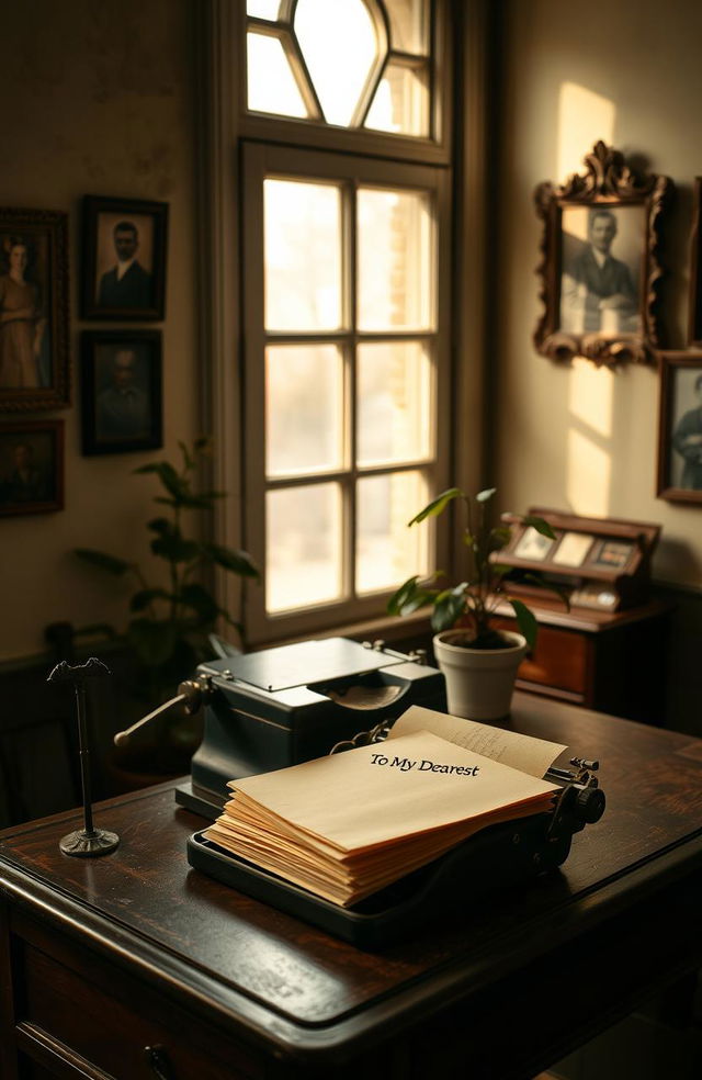 A beautifully composed scene of an old-fashioned desk with a vintage typewriter, a stack of yellowed papers, and a neatly folded letter labeled "To My Dearest" on top