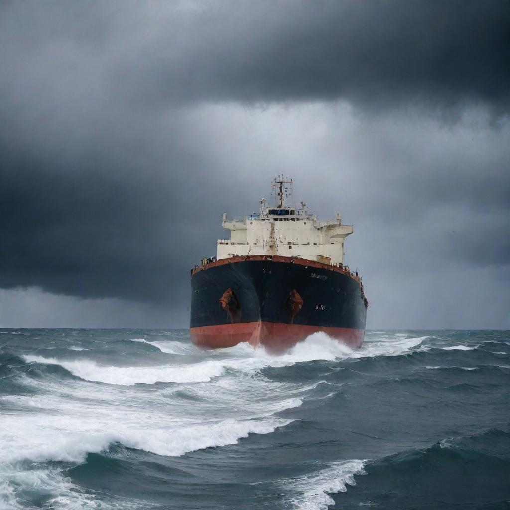 An intense, dramatic scene of a bulk carrier ship in distress, it's half sunken form visible on a stormy and tumultuous sea under a gloomy, cloud-filled sky.