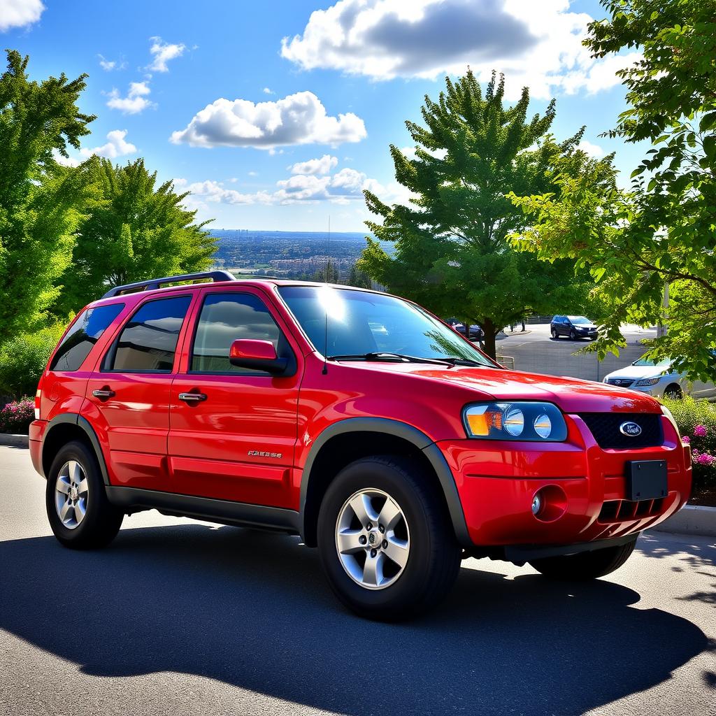 A vibrant 2006 red Ford Escape parked on a picturesque street