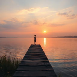 A serene landscape depicting a tranquil lakeside at sunset, where the last rays of sunlight gently illuminate the water's surface, creating a golden shimmer