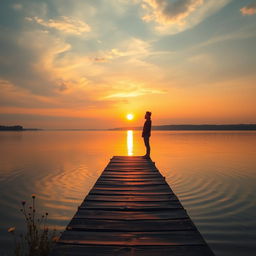 A serene landscape depicting a tranquil lakeside at sunset, where the last rays of sunlight gently illuminate the water's surface, creating a golden shimmer