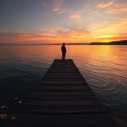 A serene landscape depicting a tranquil lakeside at sunset, where the last rays of sunlight gently illuminate the water's surface, creating a golden shimmer