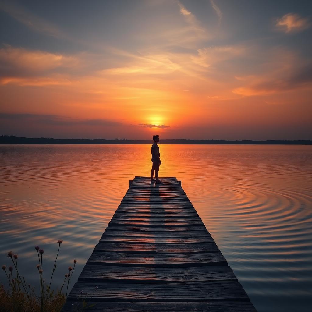 A serene landscape depicting a tranquil lakeside at sunset, where the last rays of sunlight gently illuminate the water's surface, creating a golden shimmer