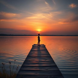 A serene landscape depicting a tranquil lakeside at sunset, where the last rays of sunlight gently illuminate the water's surface, creating a golden shimmer