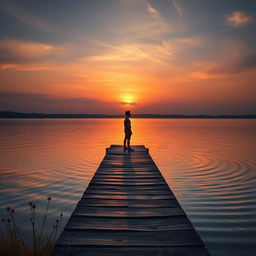 A serene landscape depicting a tranquil lakeside at sunset, where the last rays of sunlight gently illuminate the water's surface, creating a golden shimmer