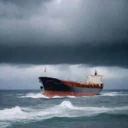 An intense, dramatic scene of a bulk carrier ship in distress, it's half sunken form visible on a stormy and tumultuous sea under a gloomy, cloud-filled sky.