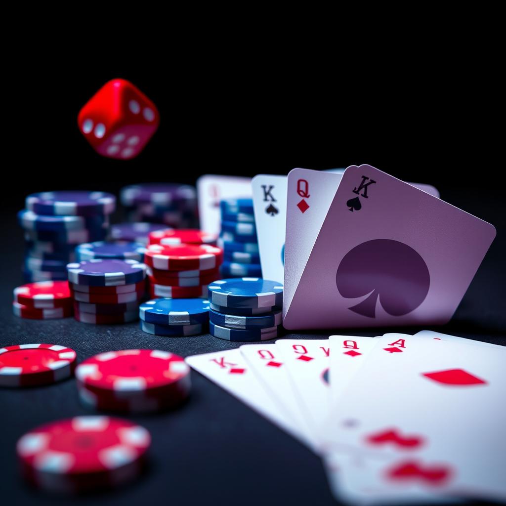 A minimalist, flat colored closeup of a futuristic casino, featuring an arrangement of betting chips, dice, and poker cards in shades of crimson red, electric blue, and rich purple