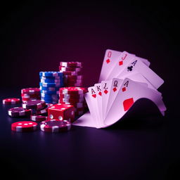 A minimalist, flat colored closeup of a futuristic casino, featuring an arrangement of betting chips, dice, and poker cards in shades of crimson red, electric blue, and rich purple