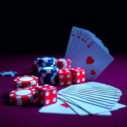 A minimalist, flat colored closeup of a futuristic casino, featuring an arrangement of betting chips, dice, and poker cards in shades of crimson red, electric blue, and rich purple