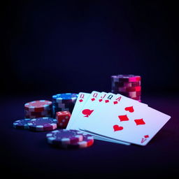 A minimalist, flat colored closeup of a futuristic casino, featuring an arrangement of betting chips, dice, and poker cards in shades of crimson red, electric blue, and rich purple