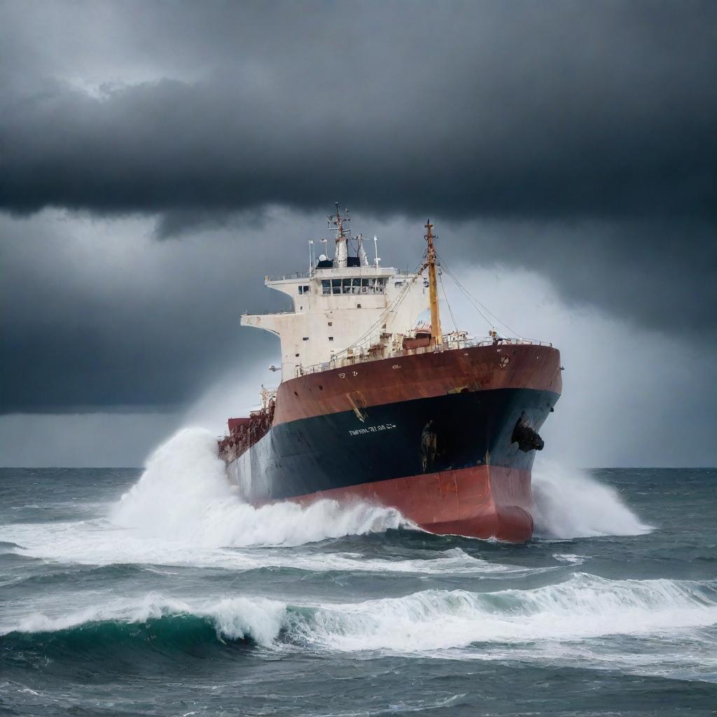 An intense, dramatic scene of a bulk carrier ship in distress, it's half sunken form visible on a stormy and tumultuous sea under a gloomy, cloud-filled sky.