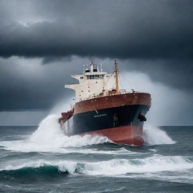 An intense, dramatic scene of a bulk carrier ship in distress, it's half sunken form visible on a stormy and tumultuous sea under a gloomy, cloud-filled sky.