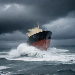 An intense, dramatic scene of a bulk carrier ship in distress, it's half sunken form visible on a stormy and tumultuous sea under a gloomy, cloud-filled sky.